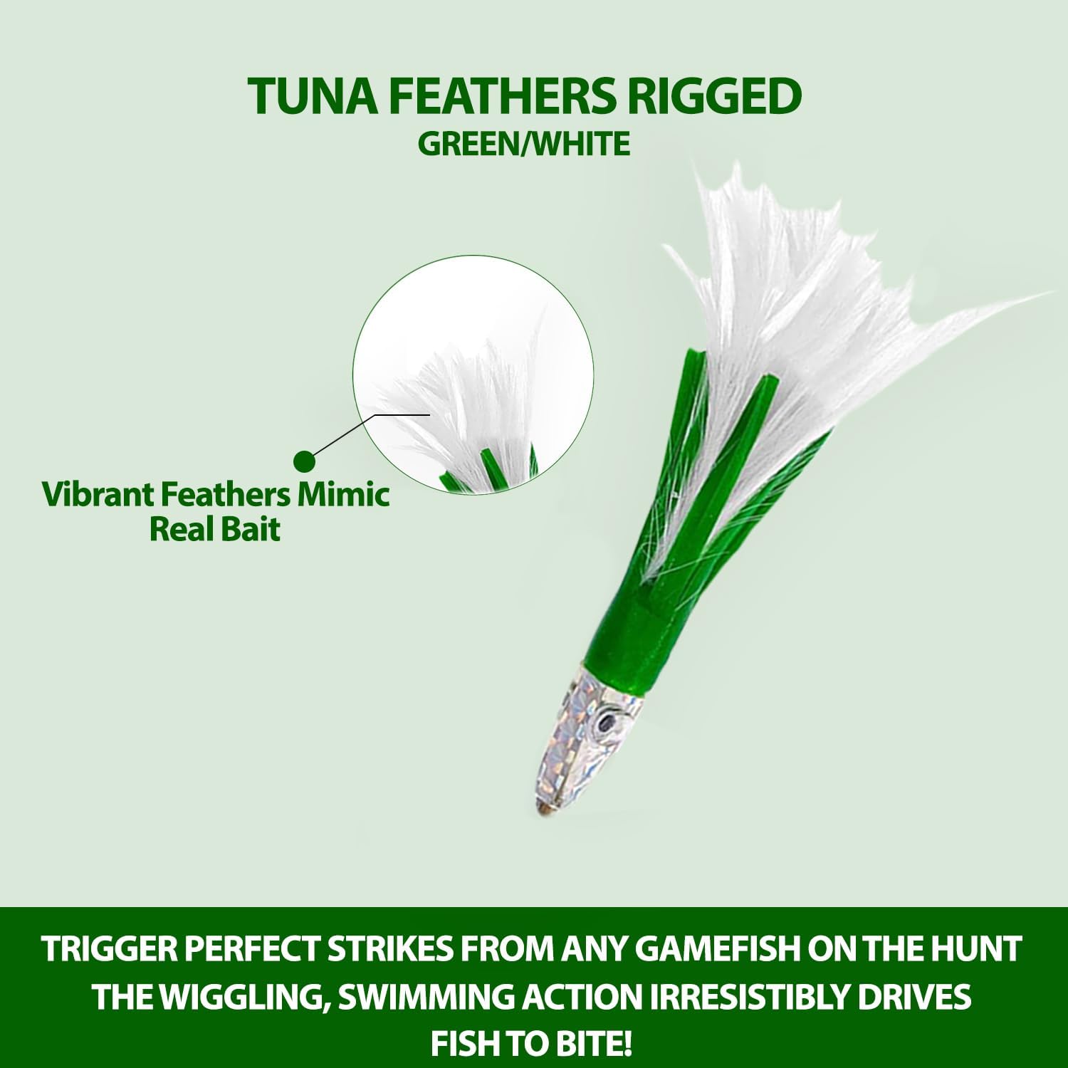 6" Tuna Feather Trolling Lures, 6 Pcs, White/Green, UnRigged, for Saltwater Trolling, Includes Skirted Heads, Ideal for Tuna, Mahi-Mahi, and Deep Sea Big Game Fishing