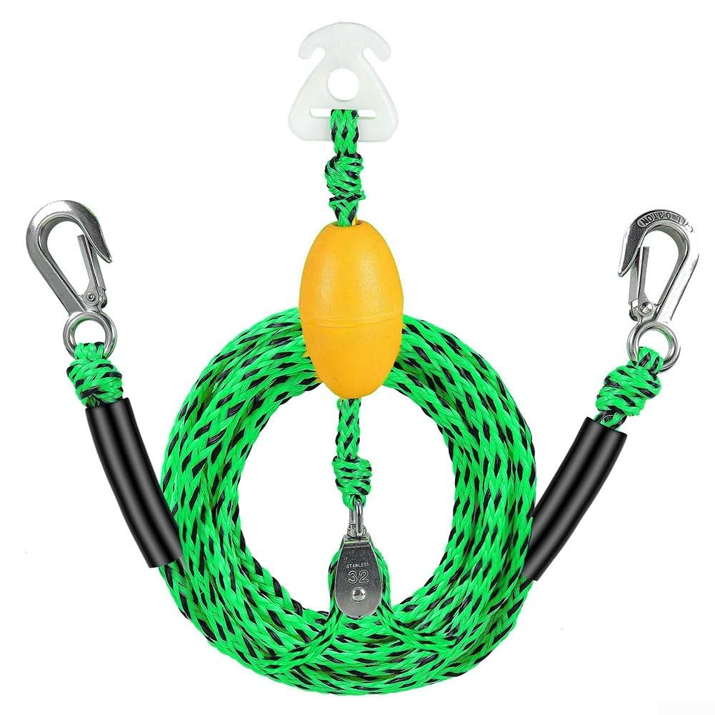 Heavy Duty Boat Tow Harness for Tubing Water Skiing, 17FT Y-Shaped Towable Connector with 360° Rotating Pulley & Float, 4800LB Break Strength for 1-3 Riders, Yellow(green black)