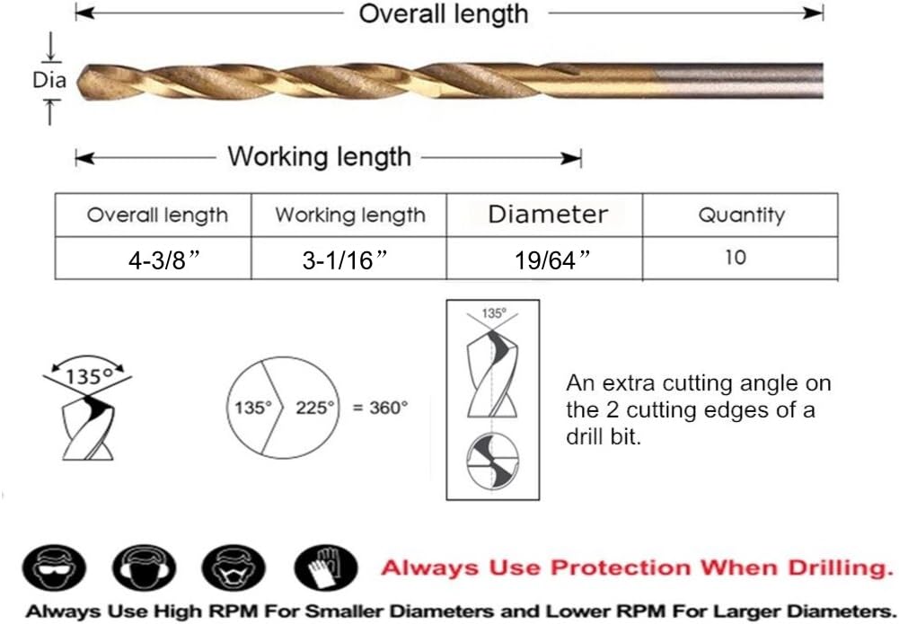 10 PCS,19/64", Titanium Twist Drill Bits, Pack in Plastic Bag