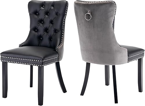 Miniatura 33 de Juego de 4 sillas de comedor de terciopelo, sillas de comedor tapizadas con ribete de cabeza de clavo, patas de madera, anillo de tracción, sillas