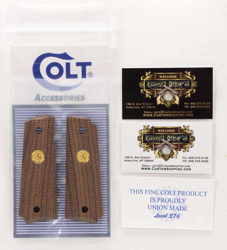 Colt Series 70 1911 Factory Original Wood Grips. Gold Medallions. New, Brown