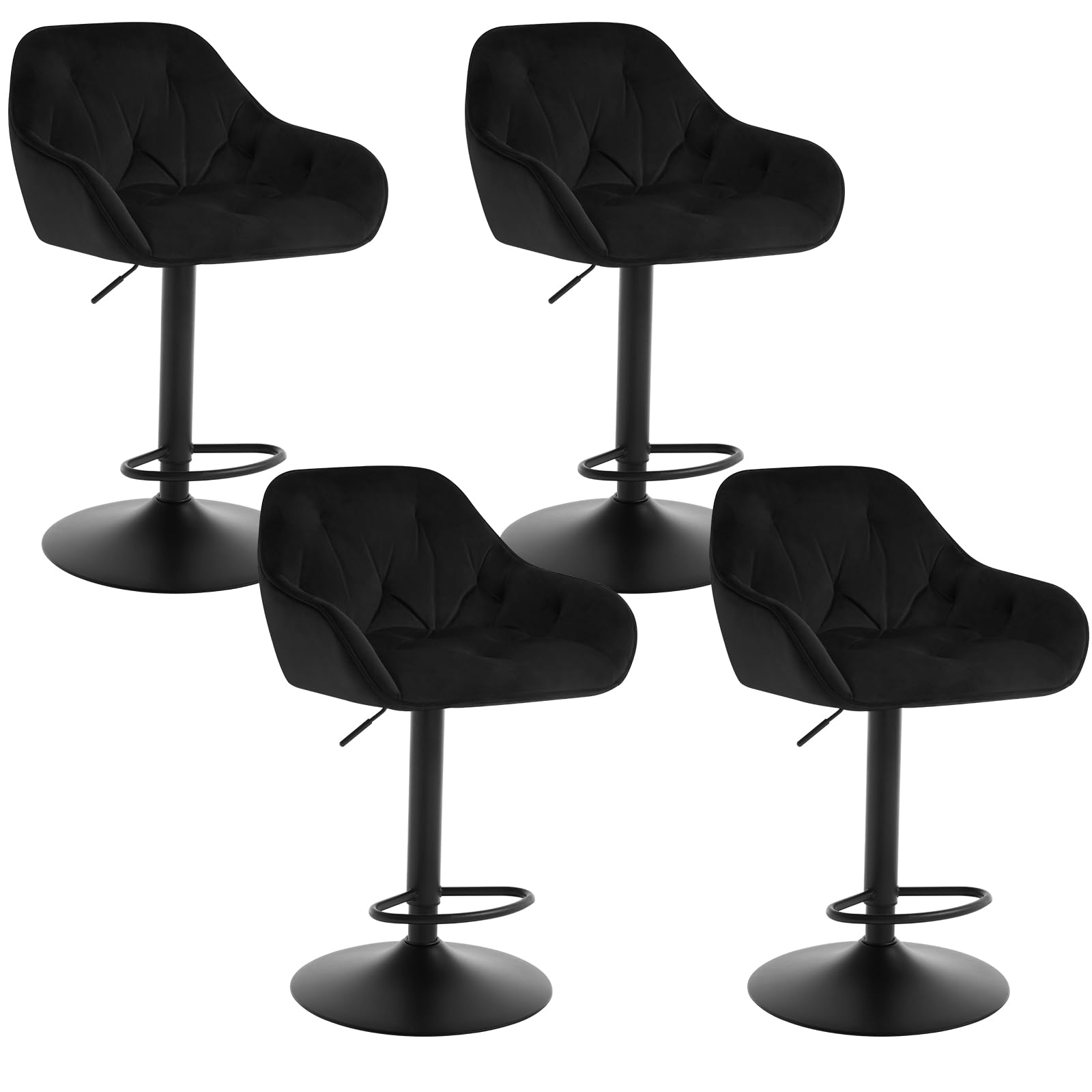 Tabouret de bar lot de 4 réglable en velours noir avec accoudoirs