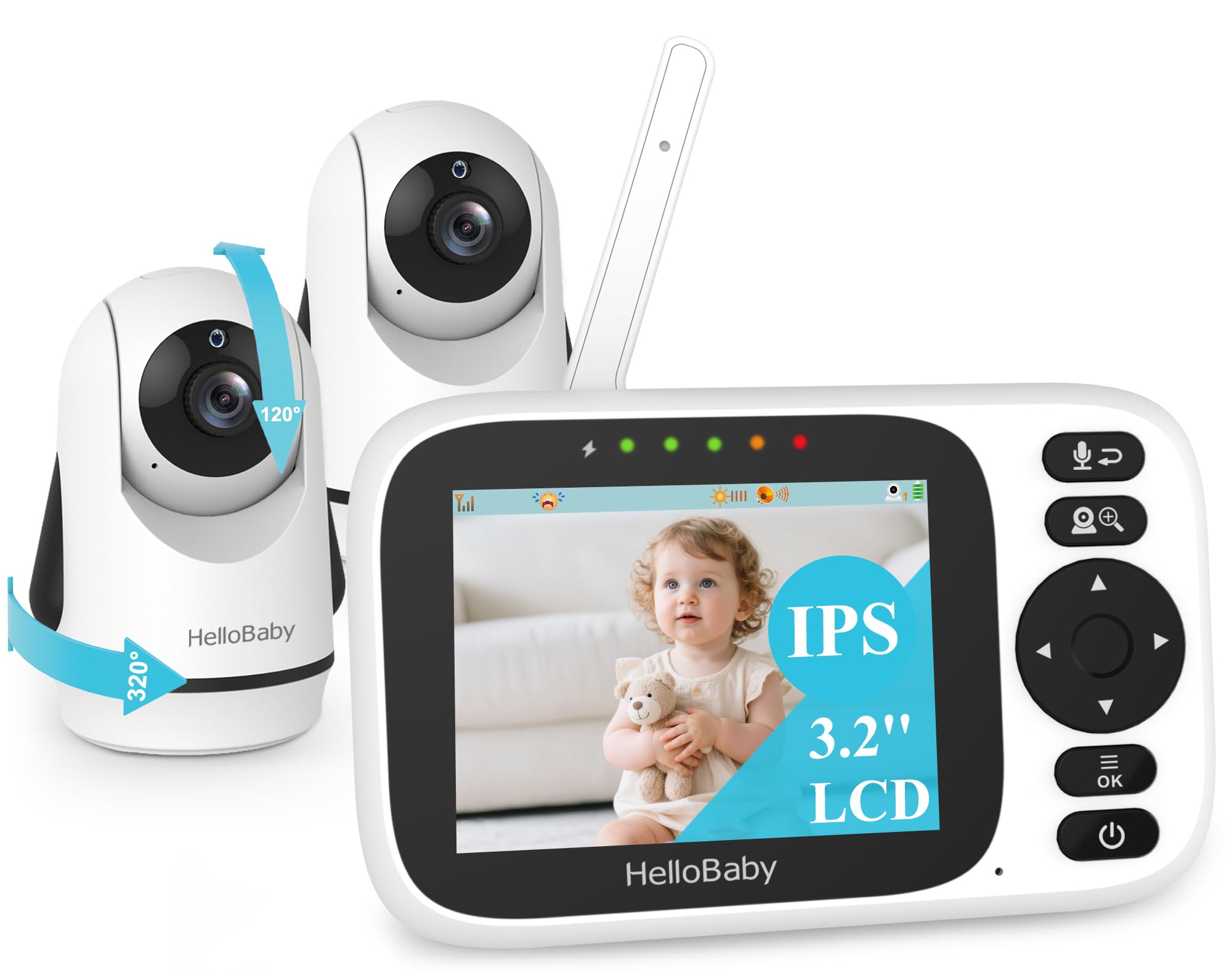 HelloBaby 3.2'' Baby Monitor 2 Cameras,Video Audio Baby Monitor No WiFi, Remote Pan-Tilt-Zoom,AUTO Night Vision, ECO, 2-Way Talk,8 Lullabies and 1000ft Range, Temperature, for Parents and Babies