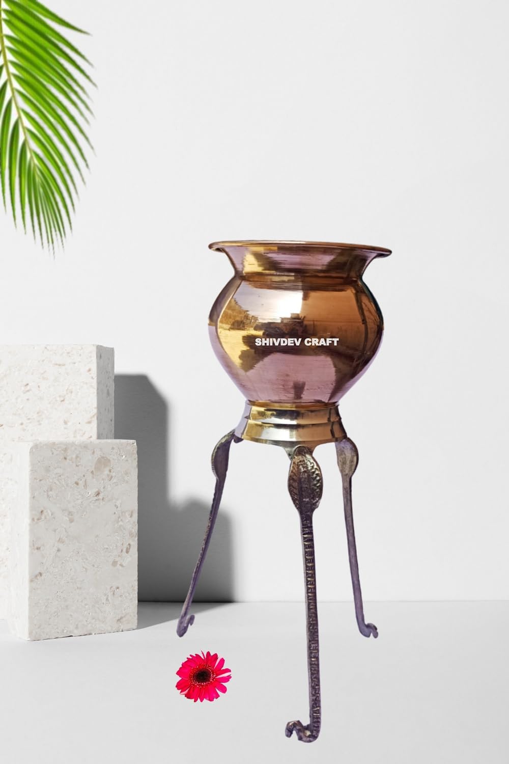 Copper Abhishek Lota with Brass Shivling Stand Jaldhari for Shivlingam Abhishekam Patra Kalash for Puja (180 ML Lota, 7 Inch Height Big Stand)