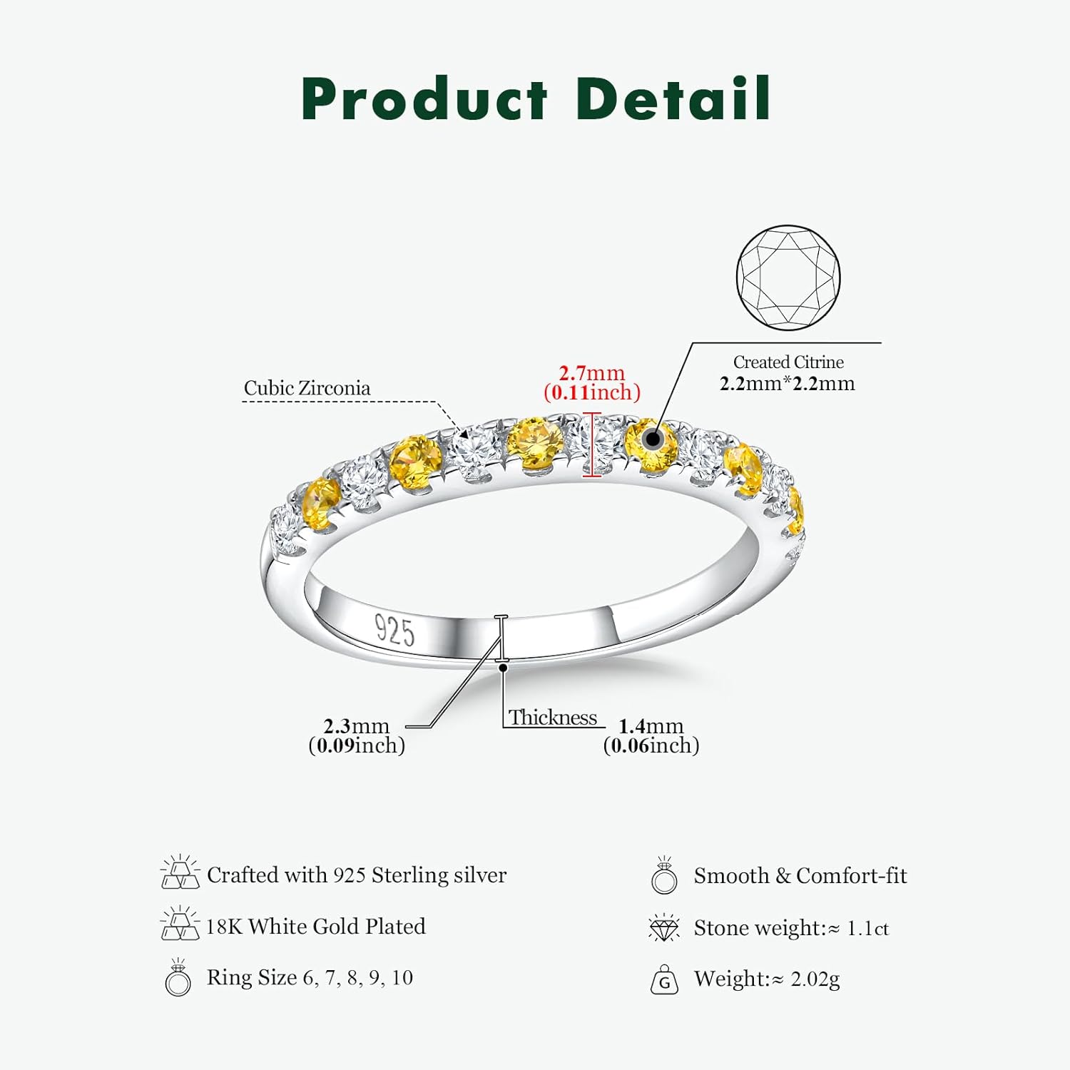 Birthstone Rings Eternity Band 925 Sterling Silver/Yellow Gold-Plated Created Gemstone Stackable Wedding Band 2.7mm Thin Half Eternity Rings for Women Size 6 to 10 - Image 6