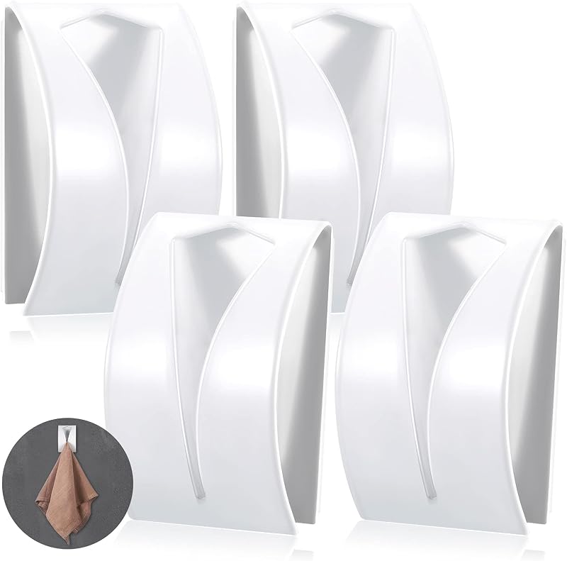 Boao 4 Piezas Soporte Autoadhesivo para Ganchos para Toallas de Cocina, Blanco | Agarrador de acero inoxidable para platos y toallas de mano, colgador de pared sin perforación, organizador adhesivo para estante de cocina y baño