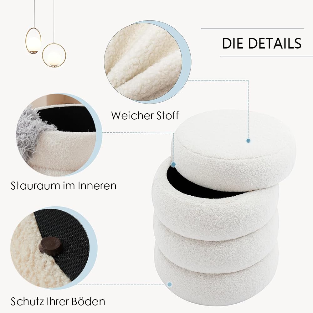 Zedelmaier Runder Teddy Hocker mit Stauraum - Sitzhocker, Schminktisch & Aufbewahrungshocker für Wohnzimmer, Schlafzimmer & Kinderzimmer (Weiß)