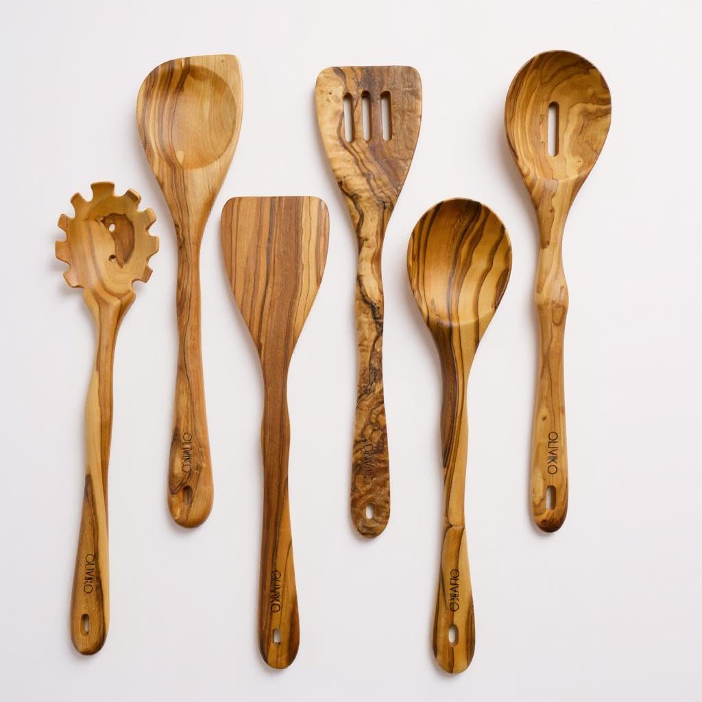Juego de 5 cucharas 100% madera de olivo hechas a mano, ideal para utensilios de cocina antiadherentes y utensilios de cocina, cocina, hornear y servir, ecológico y hecho a mano, 2 espátulas y