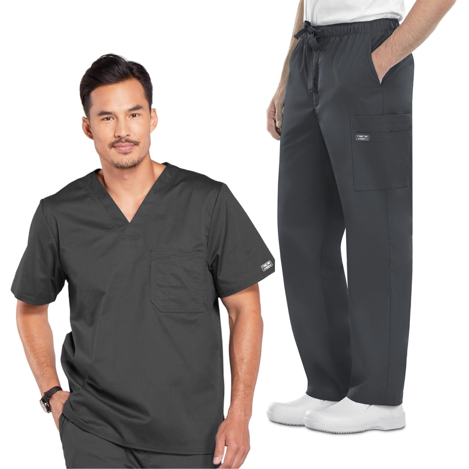 Cherokee Men's Scrub Set Tuckable V-Neck Top 4743 Fly Front Cargo Scrub Pant with Reinforced Adjustable Drawstring 4243