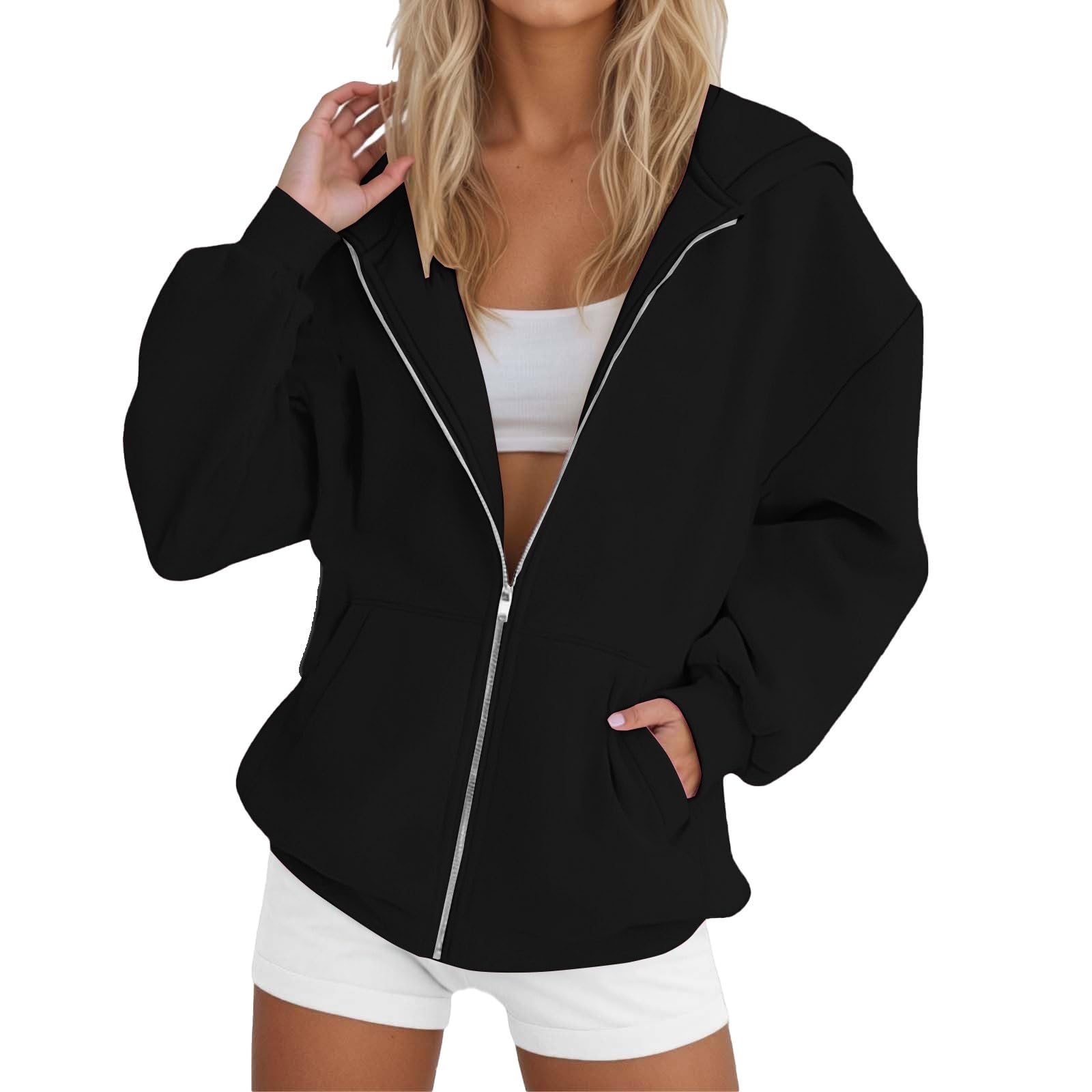 Felpa Con Cappuccio Donna Tinta Unita Morbido Eleganti Sweatshirt Classico Casual Leggero Hoodie Con Tasche E Cerniera Oversize Aperto Outerwear Giacca Sportiva Invernale Manica Lunga Cotone Cappotto
