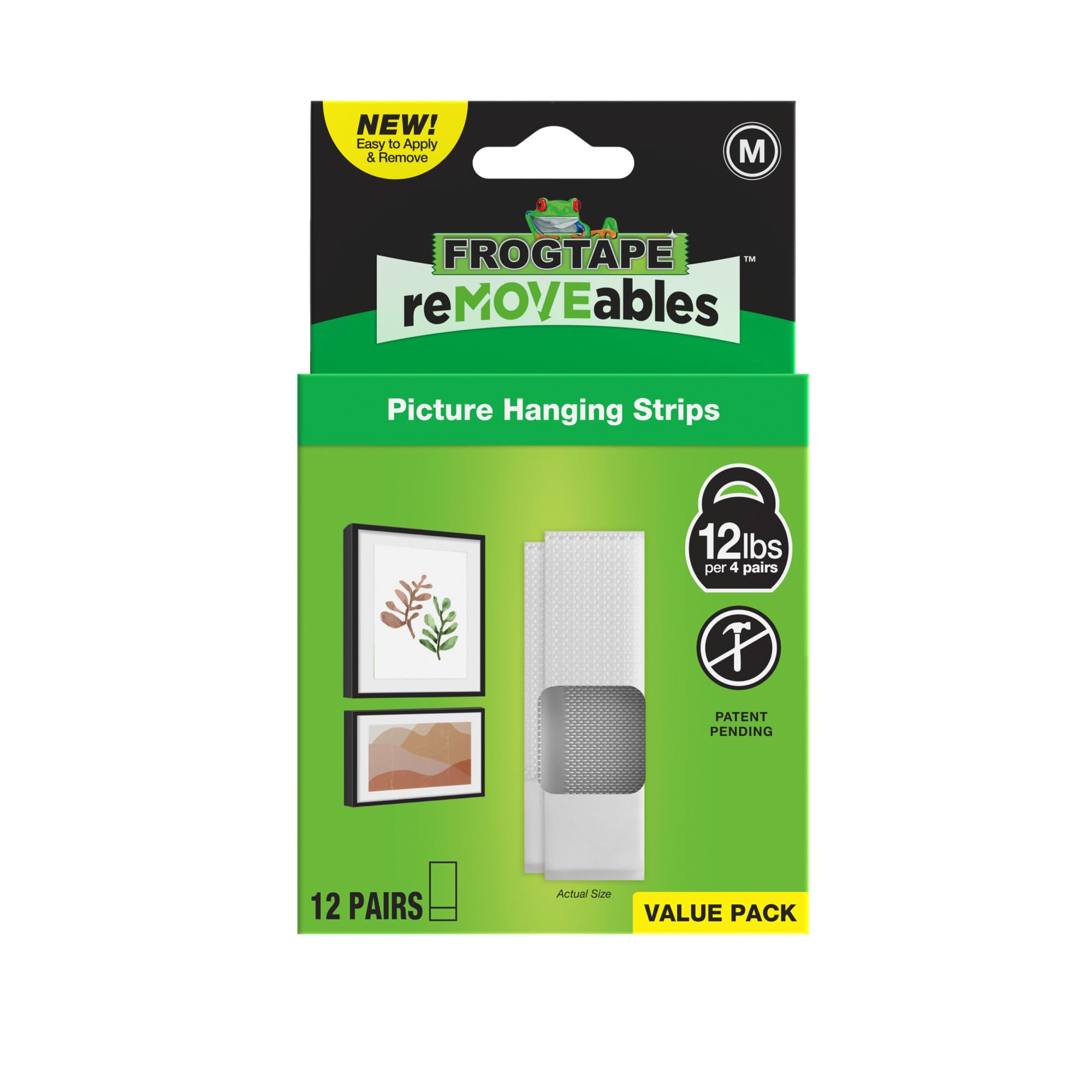 FrogTape reMOVEables Medium Picture Hanging Strips, Damage-Free & Removable Adhesive Picture Hangers, Stick On Wall Strips for Christmas Decorations, Frames, Canvas, White, (18Pieces)