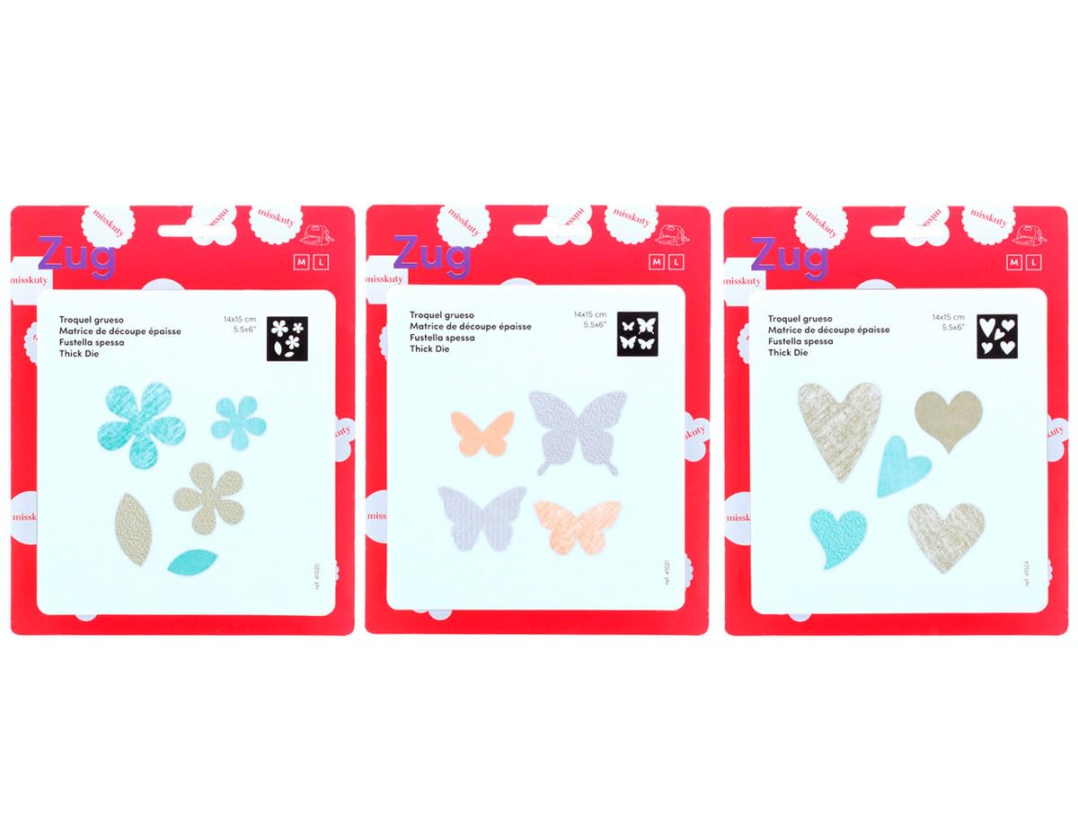 Set 3 Troqueles gruesos ZUG Flores, Mariposas, Corazones Para cortar papel, cartulina, goma EVA, cuero, fieltro, tela. Para proyectos de tarjetería, scrapbooking y manualidades