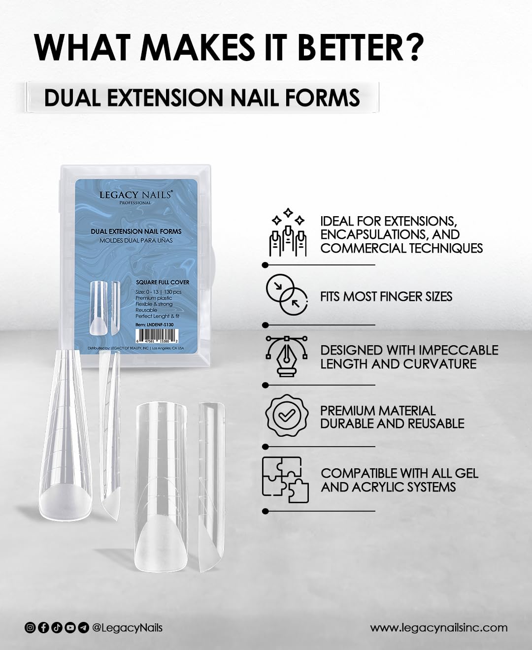 Legacy Nails Professional DUAL EXTENSION NAIL FORM – 130 pcs | Reusable System Nail Molds – Clear – Salon & Home Use (SQUARE FULL COVER)