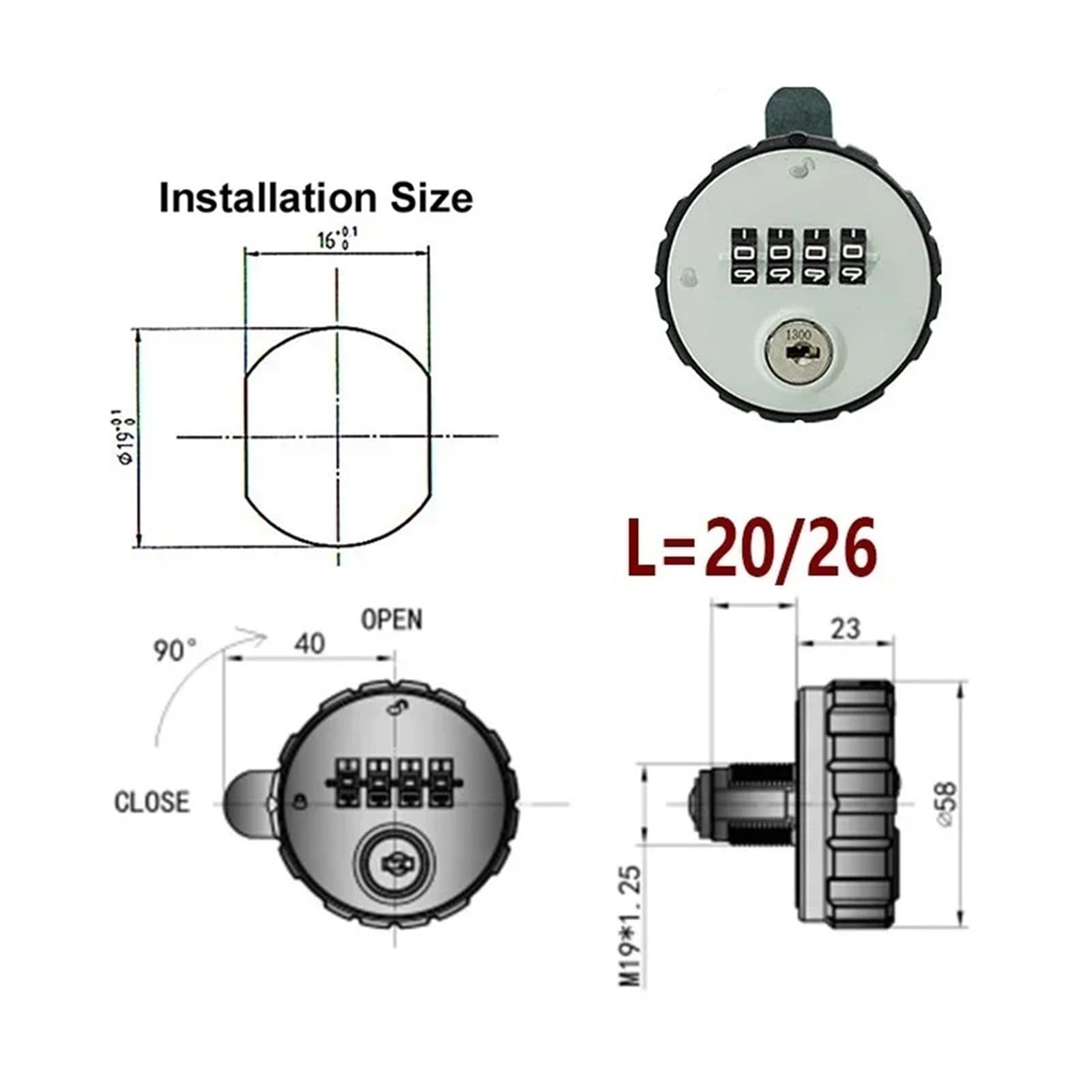 Cerradura de leva for gabinete de 4 dígitos sin llave for cajón, puerta, taquilla de gimnasio con reinicio de llave MS513 H, 1 unidad(L 26mm 1PCS)