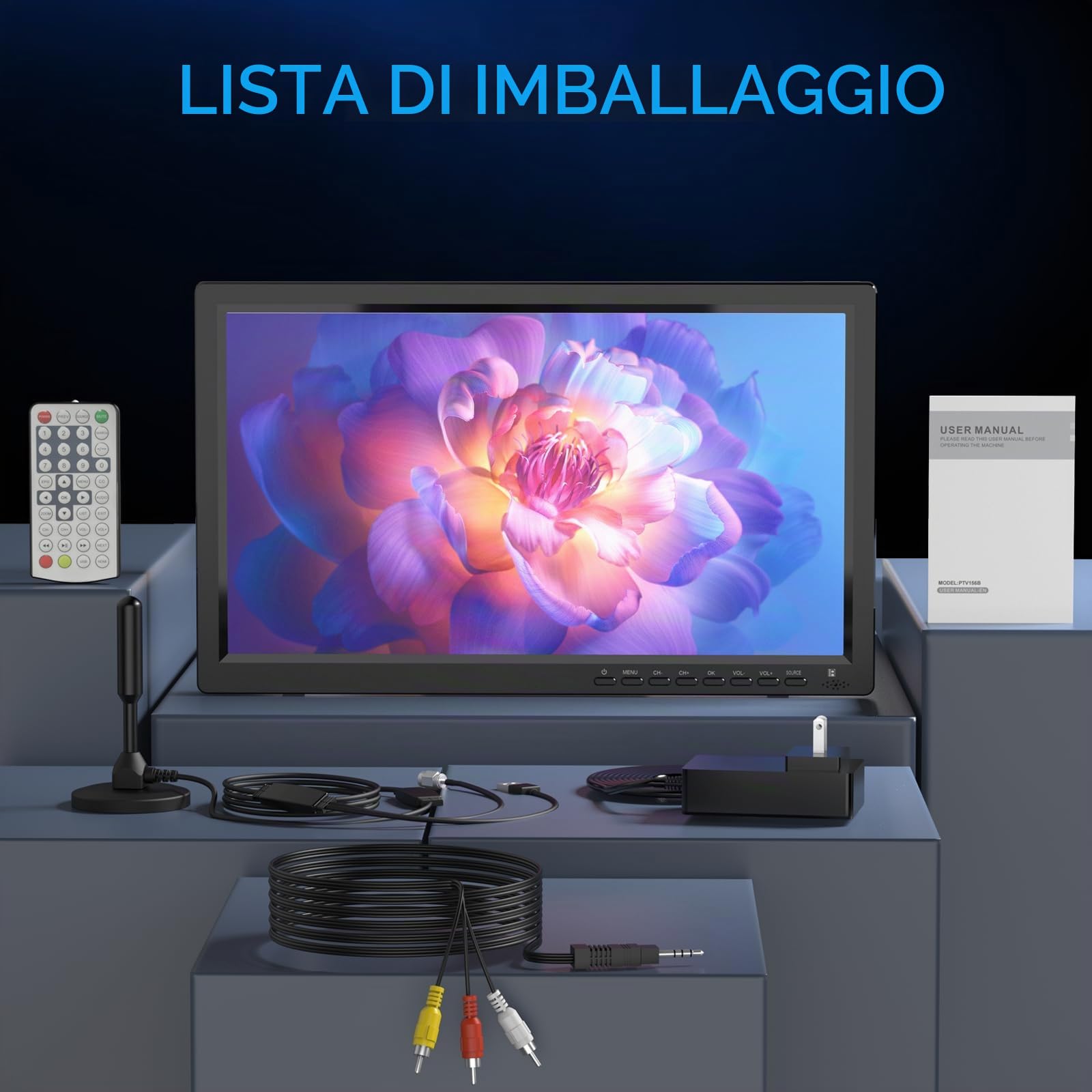 Desobry Televisore Portatile 15,6 Pollici HD 1080P - TV da Campeggio con Batteria 3000mAh, Sintonizzatore DVB-T2, HDMI/USB/AV - Per Camper, Giardino