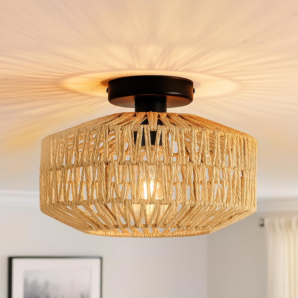 Wicker Ceiling Rattan Ceiling Light MAYNA Hand-Woven Rattan Boho Ceiling Light - Flush ...