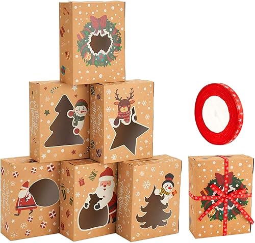 CCINEE Cajas de galletas de Navidad, caja de regalo de papel kraft con cintas de ventana para suministros de regalo de dulces de panadería, paquete