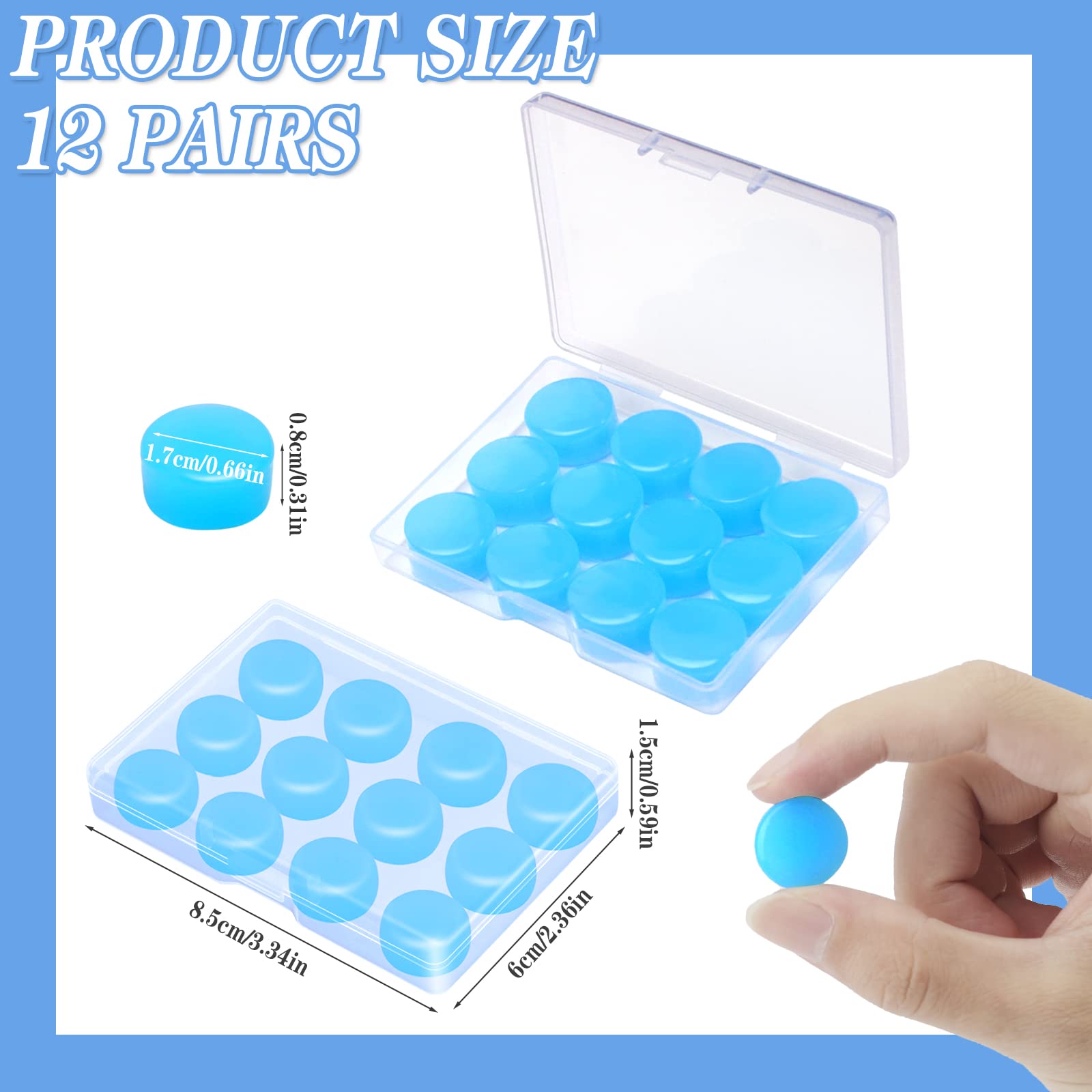 12 Paia Tappi Orecchio Silicone Riutilizzabili tappo per Dormire e Nuoto orecchia Antirumore Morbida Modellabili per Bambini e Adulti (Blu)
