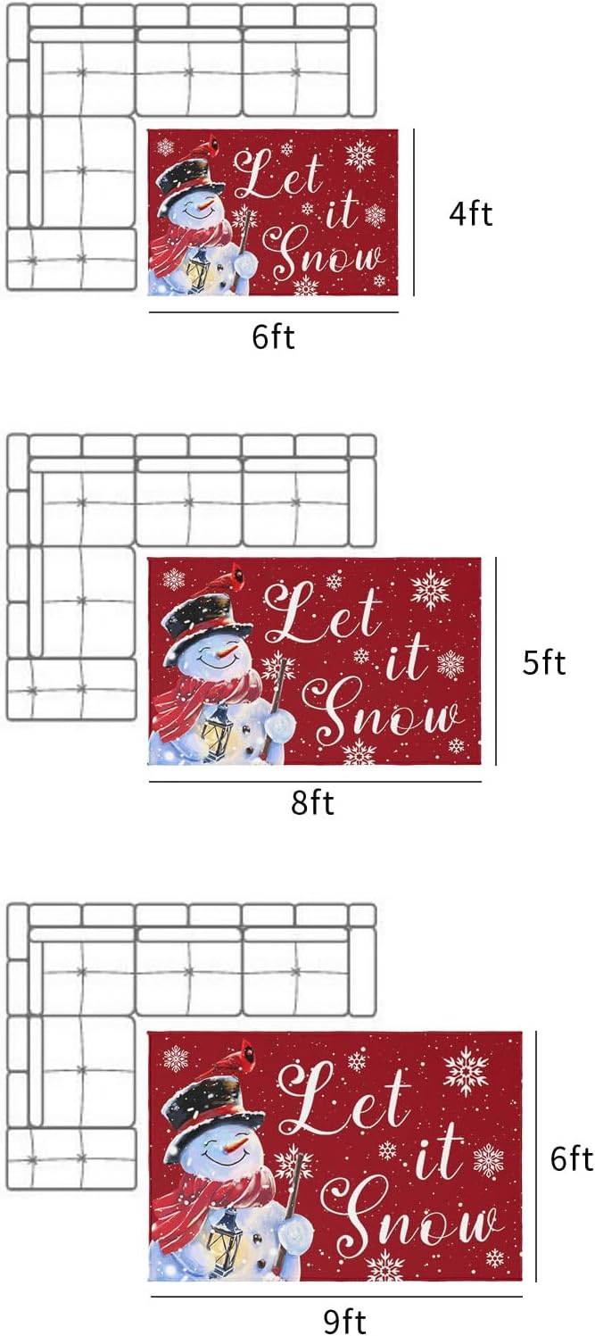 Outdoor Rug, Christmas Snowman Snowflake Scarf Bird Oil Winter Red Background Absorbant Non-Slip Area Rugs Mat Carpet for Patio Balcony Porch Backyard Deck Rv Camping 5x8 ft