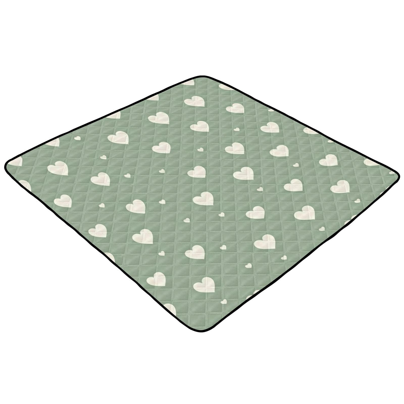 BOESI Doodle Green Heart Baby Play Mat, 50“ X 50” Washable Folding Crawling Mat, Baby Floor Mat, Soft, Thick, Non-Slip