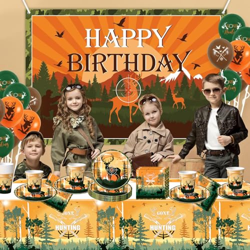 Jagd Camouflage Thema Partygeschirr, Partygeschirr einschließlich Teller, Tassen, Servietten, Tischdecken insgesamt 61 Stück, Geeignet für Eine Party von 20 Personen