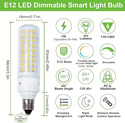 Miniatura 2 de VYAOMLI Bombillas LED inteligentes E12 con control remoto de 2.4 GHz, regulable 7 W, base de candelabro E12, bombilla LED equivalente a 75 W,