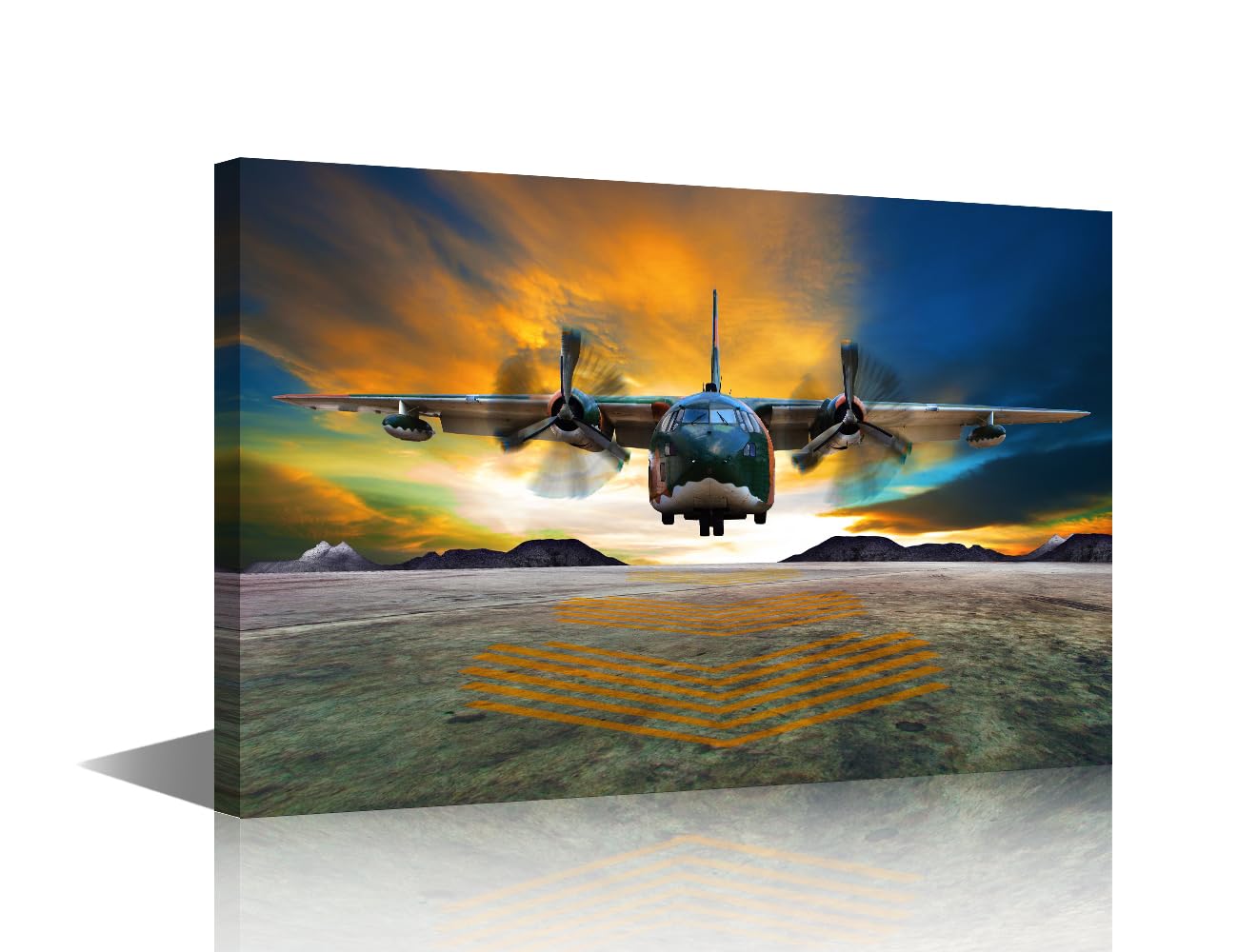 TISHIRON 1 Panel Modern Wall Art Military Plane Landing on Airforce Runways Against Beautiful Dus Posters and Prints, Warplane Art for Home Office Hotel Wall Decorations, Ready to Hang, 24" Wx16 H
