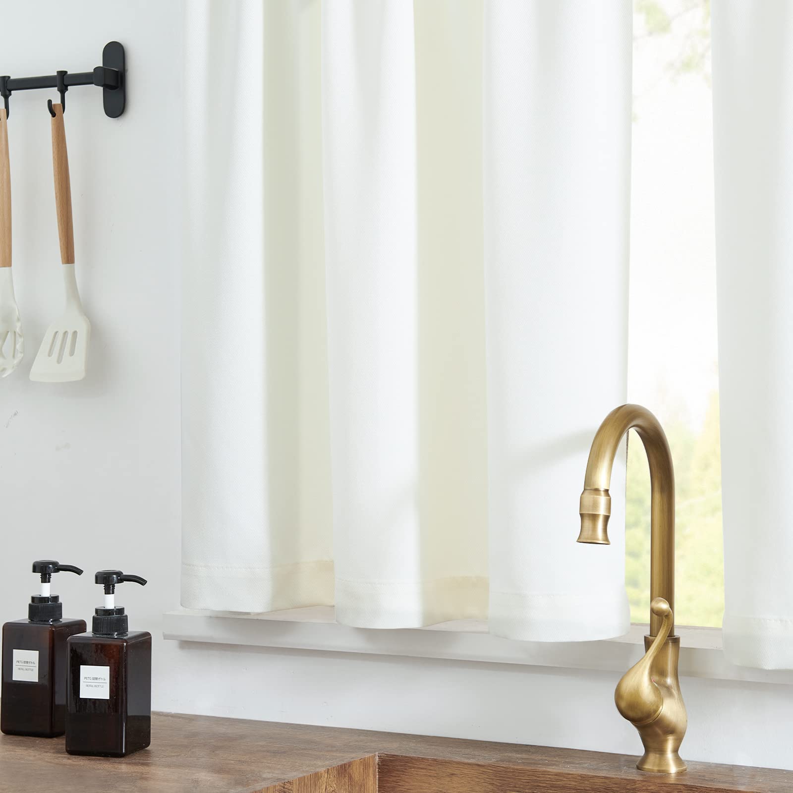 TOPICK Faux Linen Kitchen Curtains 24 Inch Drop Small Cafe Curtains Privacy Textured Curtain Tiers for Bathroom Sink Laundry Rod pocket 2 Panels Pale Yellow Ivory - Image 2