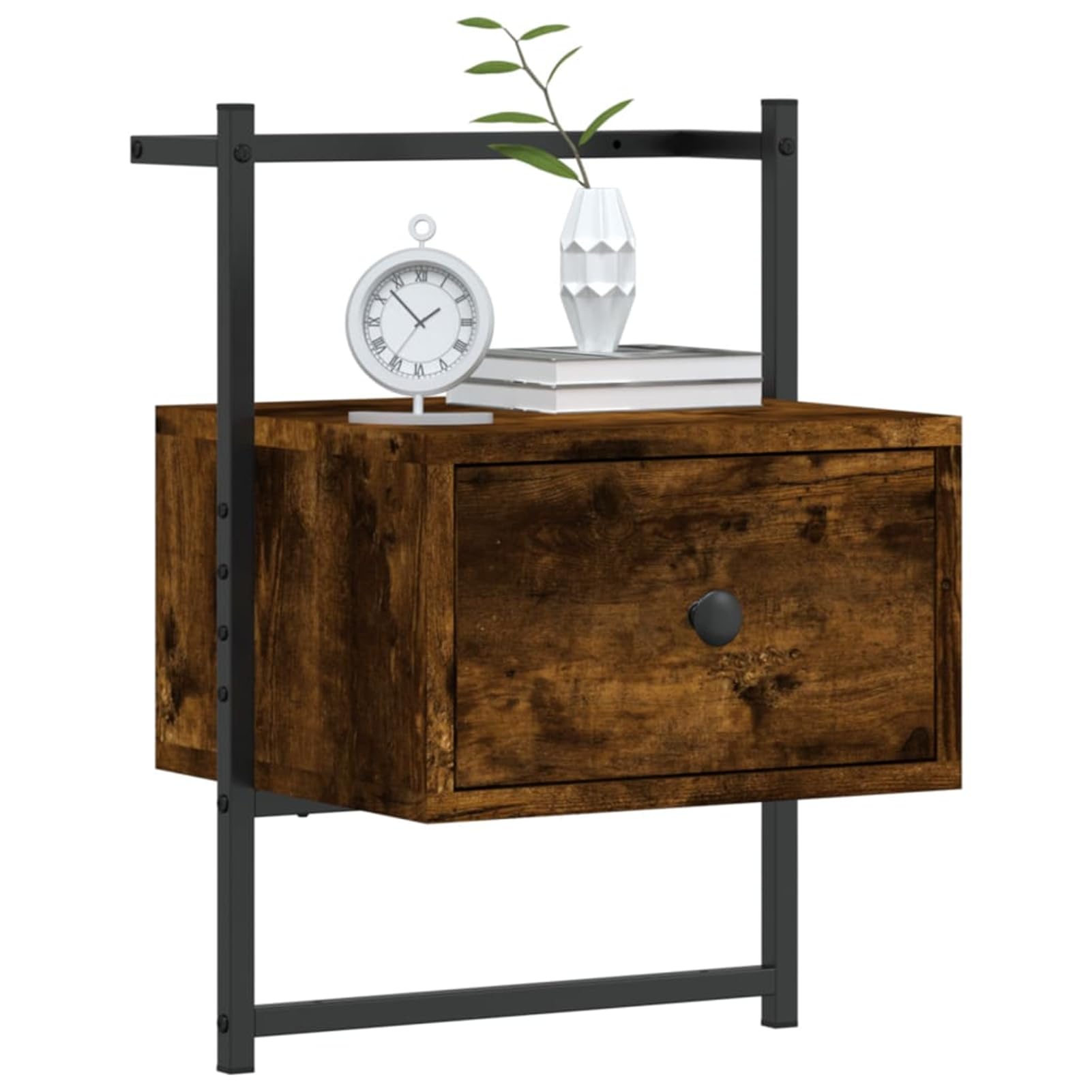 Comodini a Muro, Sospesi con Cassetto per Organizzazione Spazio, 35 x 30 x 51 cm, in Legno Multistrato e Metallo, Rovere Fumo, per Camera da Letto, Soggiorno e Bagno