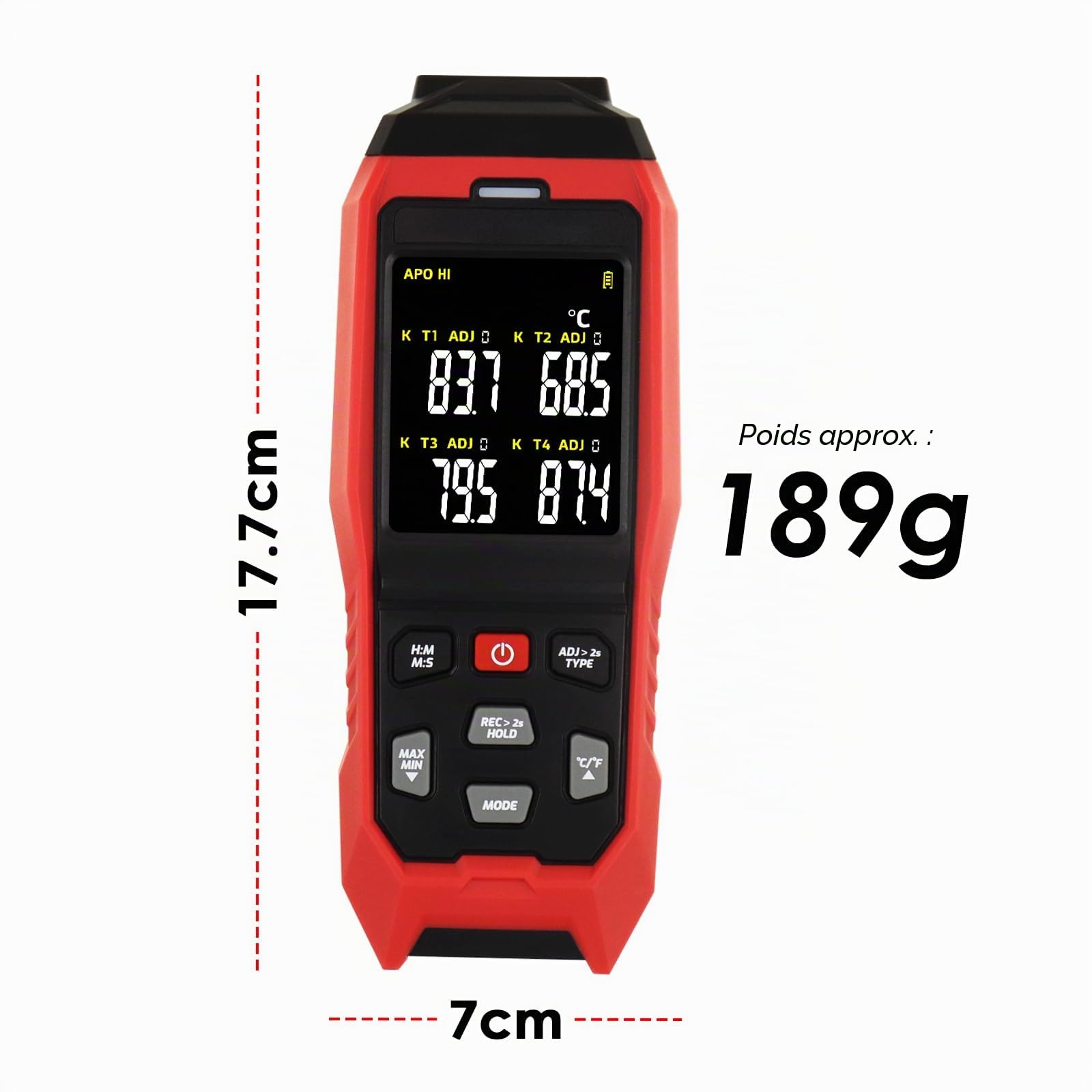 Thermomètre à thermocouple 4 canaux, enregistreur de données, thermomètre portable de type K avec enregistrement de température de 5000 groupes, mesure -328 ~ 1 371,7 °C, alarme sonore et visible