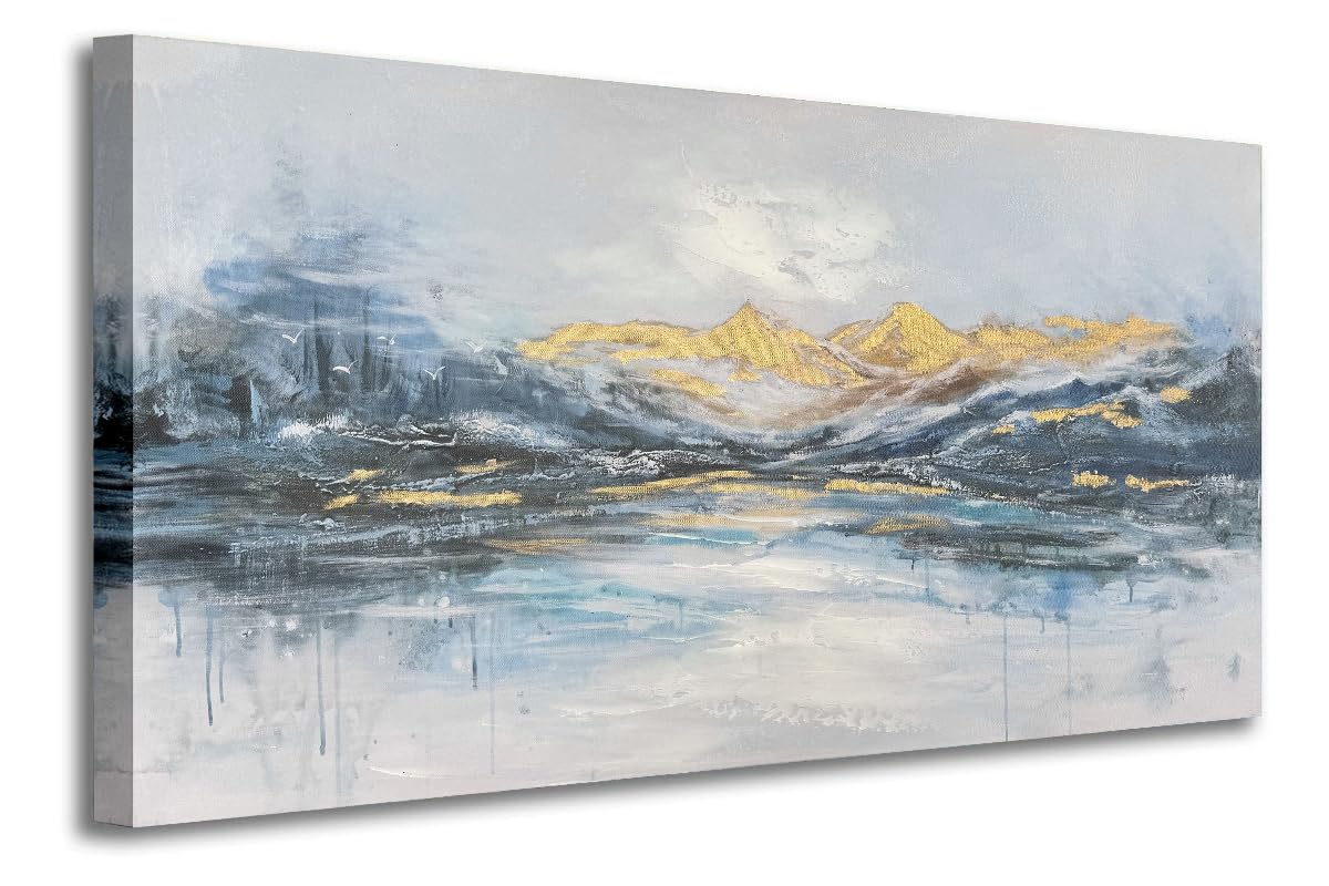 Abstract Mountain Wall Art Blue and Gold Painting for Living Room Aesthetic Bedroom Canvas Wall Decor