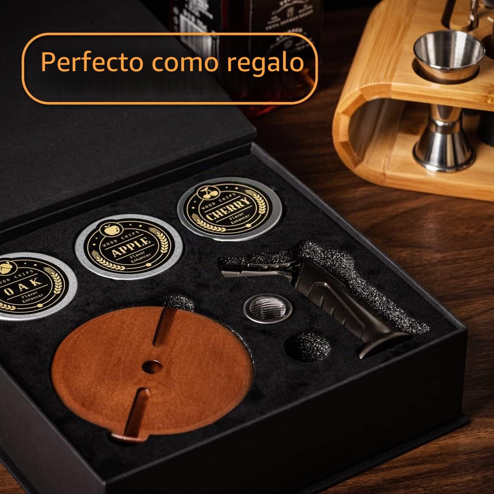 ComboJoy Bourbon Regalos para Hombres – Kit ahumador de cócteles con soplete y virutas de madera para whisky, bourbon, set de cócteles old fashioned, regalos de whisky, para padre, marido y