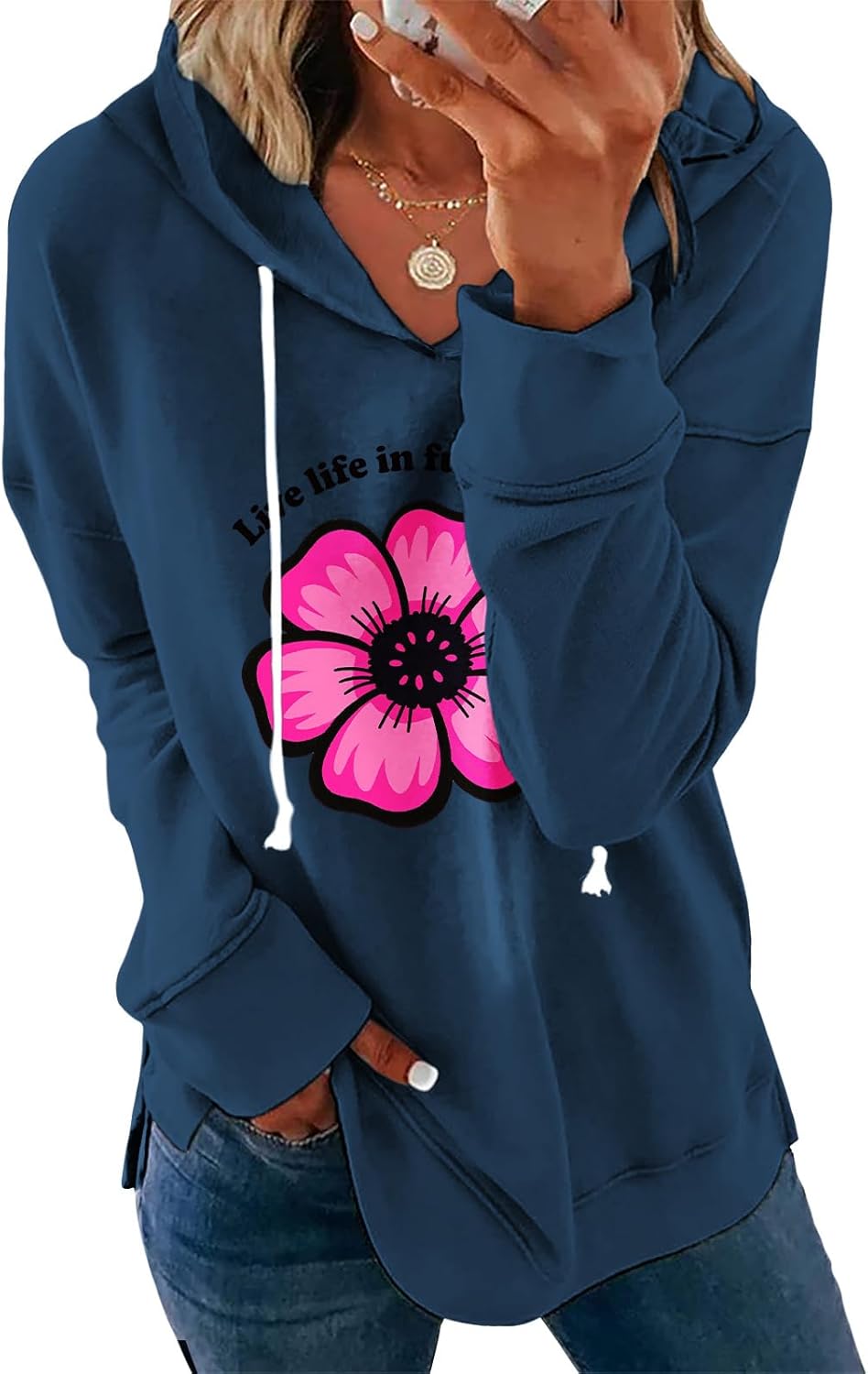 Womens Casual Loose Fit Pullover Sweatshirt with Artistic Print Drawstring Hood Lon...