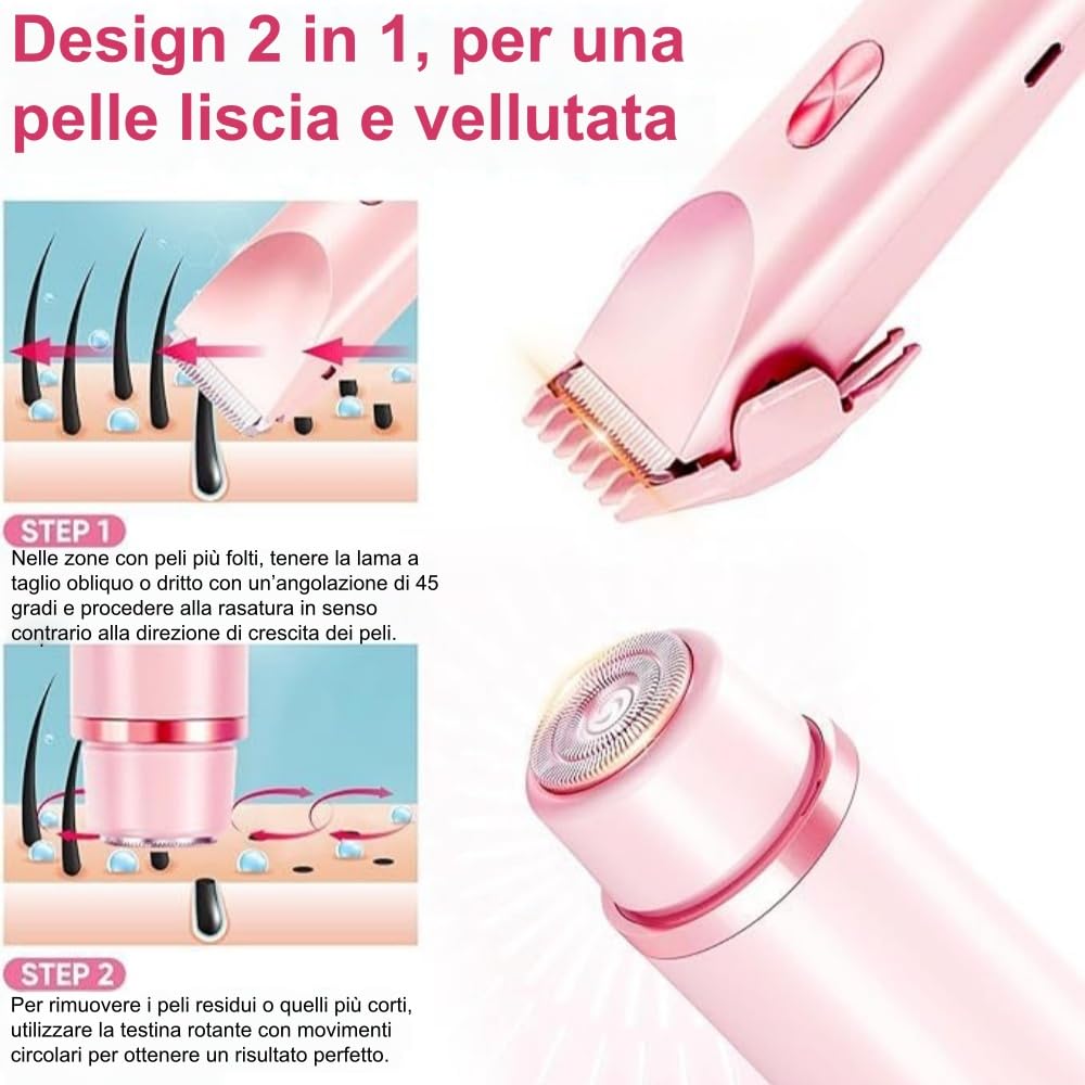 DelicaTrim - Rasoio 2 in 1 potente e delicato Ricarica USB, per Viso, Gambe, Braccia, Per uso a secco e a umido