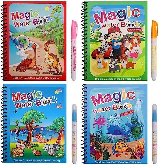 Graphene Magic Water Coloring Book, Educational Fun & Bonding Time for Kids, Reusable, Mess-Free Art with Quick Dry Technology, Promote Fine Motor & Drawing Skills, Ideal Travel Toy with (Pack of 4)