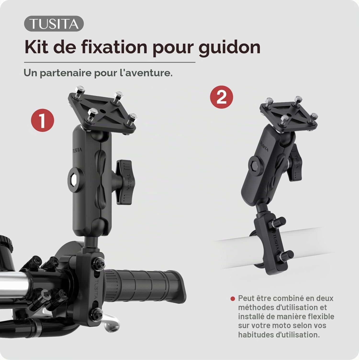 TUSITA Moto GPS Support Guidon Réservoir Embrayage Frein Compatible avec Garmin Montana, Zumo XT GPS - Bras Double Emboîtement - B Taille Moyen