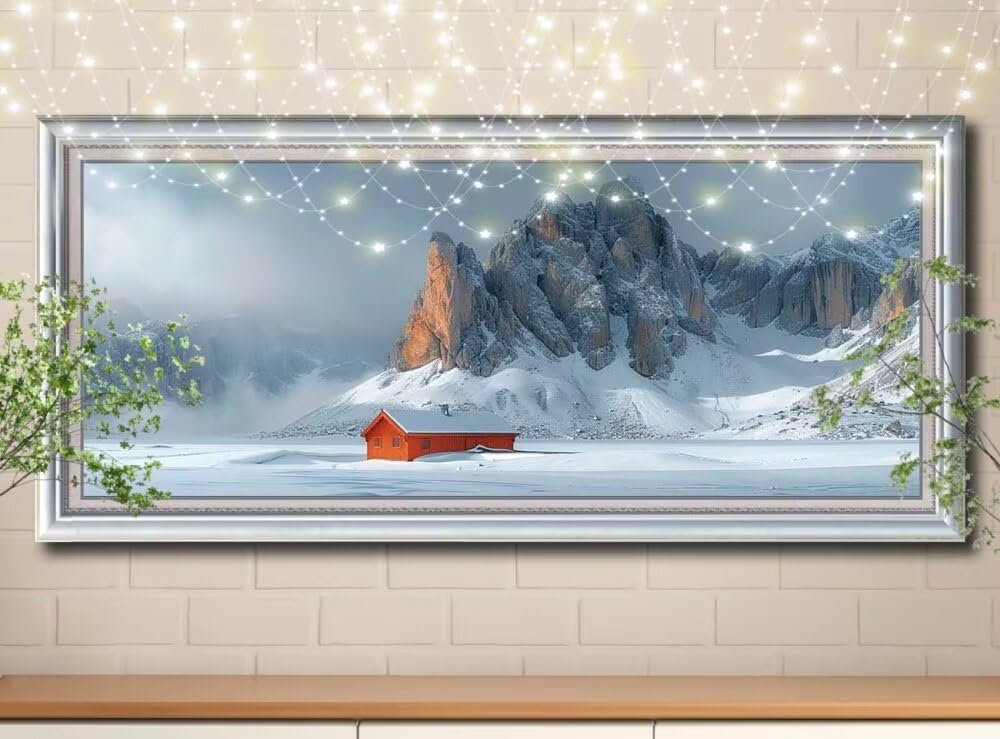 Obraz diamentowy 5D dla dorosłych, mały dom, góra śnieżna, obraz "zrób to sam", obraz do malowania diamentami dla dzieci (60 x 150 cm), zestaw do haftu diamentowego, do dekoracji ściany 8E-6024