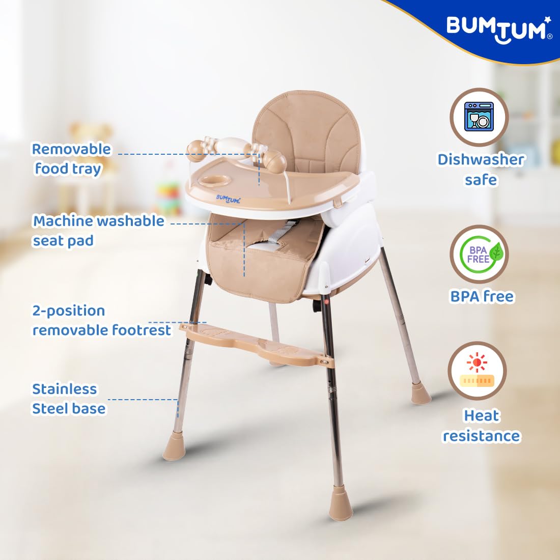 BUMTUM Baby Luxury High Chair 4 in 1 Convertible Folding with Footrest, Convertible to High Chair, Low Chair, & Feeding Seat with Cushion pad - Tan - Image 4 thumbnail