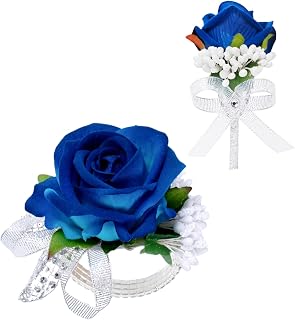 2Pcs Blue Rose Corsage and Boutonniere Set, Corsage Wristlet Band for Prom Suit Decorations, Artificial Boutonniere for Men Wedding Party Flower Accessories