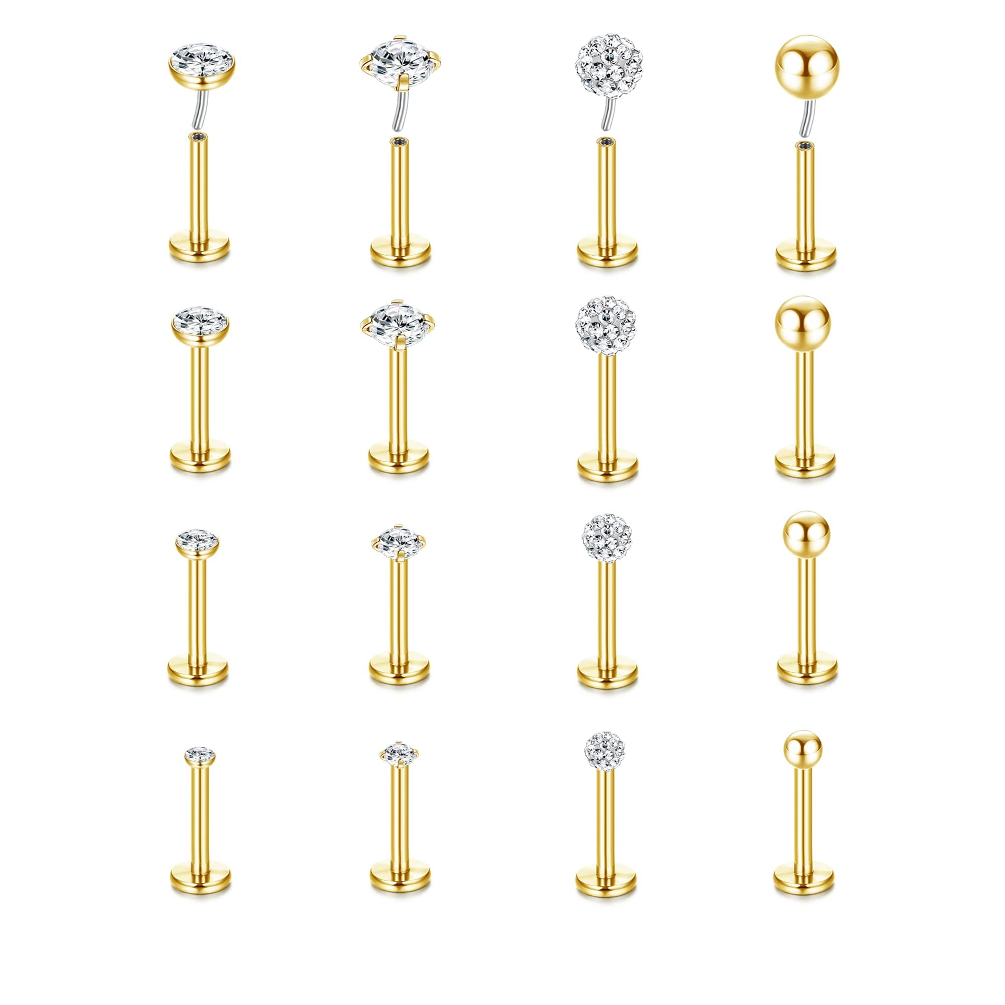 MILACOLATO 16G Piercing Labret Labio Acero Inoxidable Clear CZ Bola Redonda Labio Medusa Nariz Piercing Joyas Plata Oro Piercing Oreja Cartílago Tragus Pendientes para Mujer Hombre 16Piezas 6mm 8mm