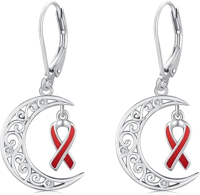 Cancer Awareness Earrings 925 Sterling Silver Ribbon Moon Butterfly Dangle Leverback Earrings Survivor Jewelry Inspiration Gifts for Women