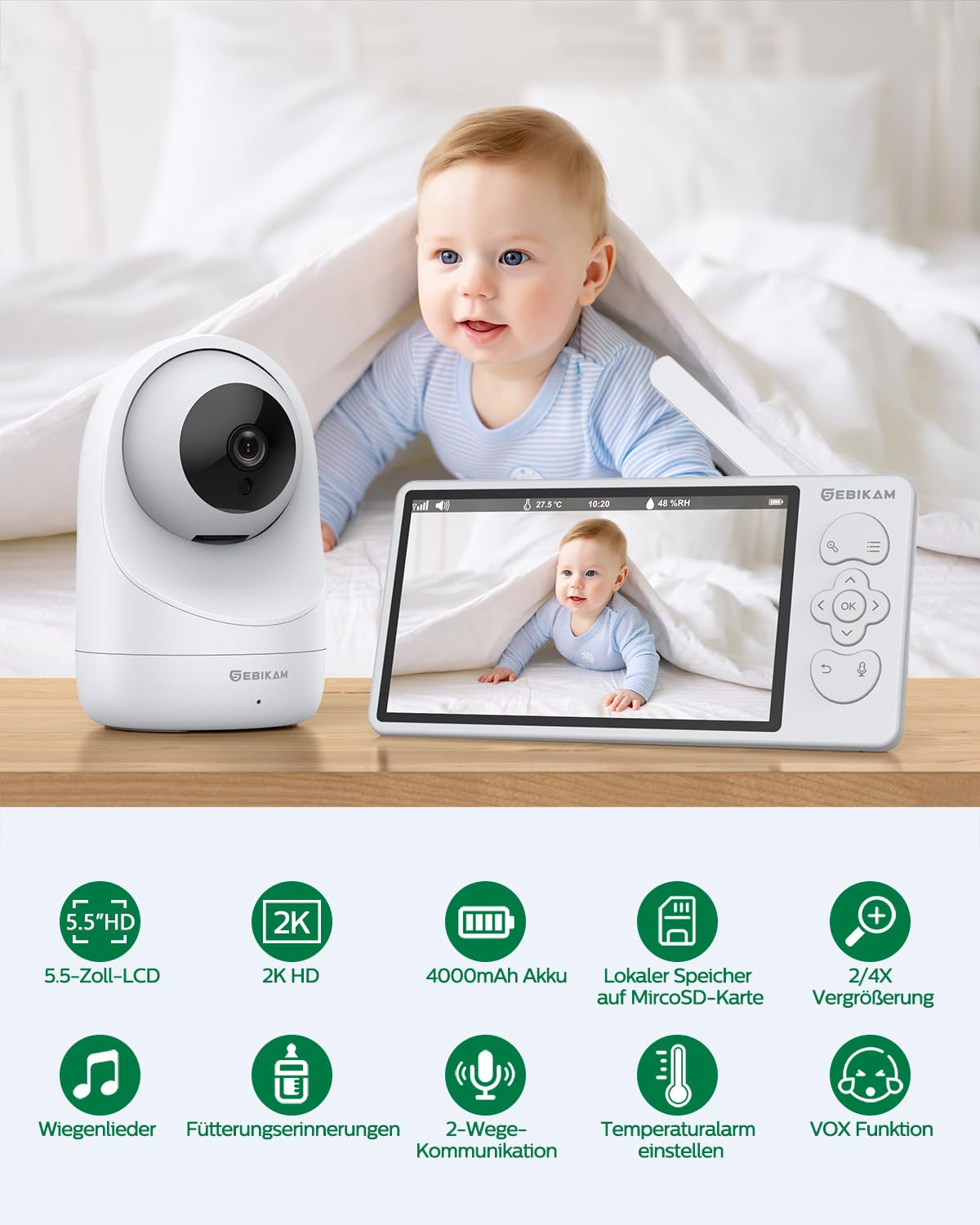 Baby Monitor 2K/3MP con Camera e App, Schermo 5,5", Rilevamento Movimento e Suoni, WiFi, Zoom 4X, Batteria 4000mAh, PTZ 355°, Modalità VOX, Visione Notturna, Audio Bidirezionale, Temperatura