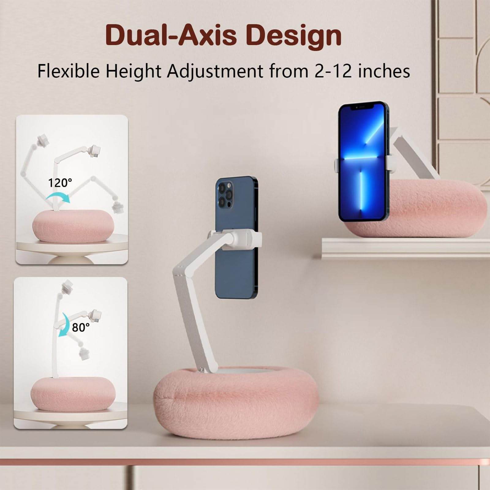 Soporte de teléfono ergonómico giratorio con base de cojín suave, brazo ajustable a 80° y antideslizante para dispositivos de 2 a 12 pulgadas, cama ajustable para teléfono