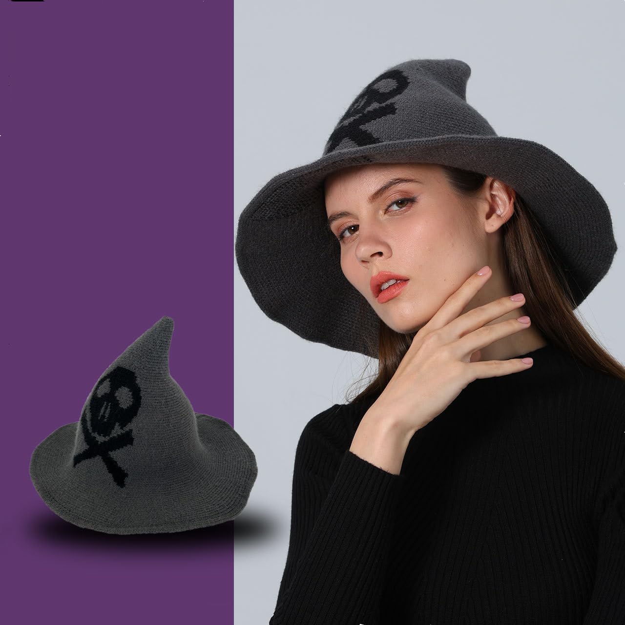 SJTJSPX Witch Pointed Hat Halloween Women,Costume Accessories Halloween Christmas Party Cosplay,Wide Brim Foldable Knitted Hat,Warm Cap Autumn Winter,Headwear Wizard Unisex - Image 2