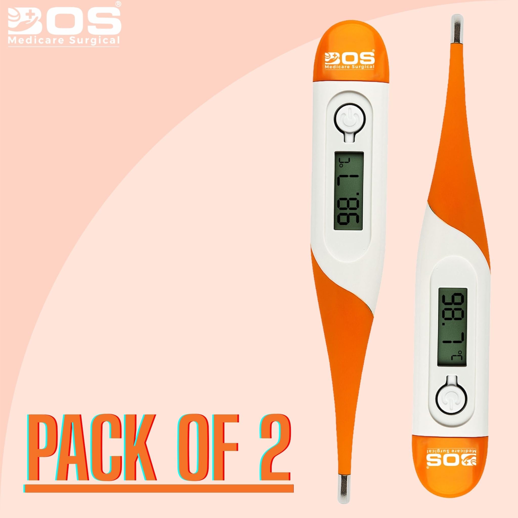 Bos Medicare Surgical Pack of 2 Digital Thermometers β Fast & Accurate Temperature Reading | Flexible Tip | Fever Alarm | Oral, Underarm & Rectal Use | Orange/White 2