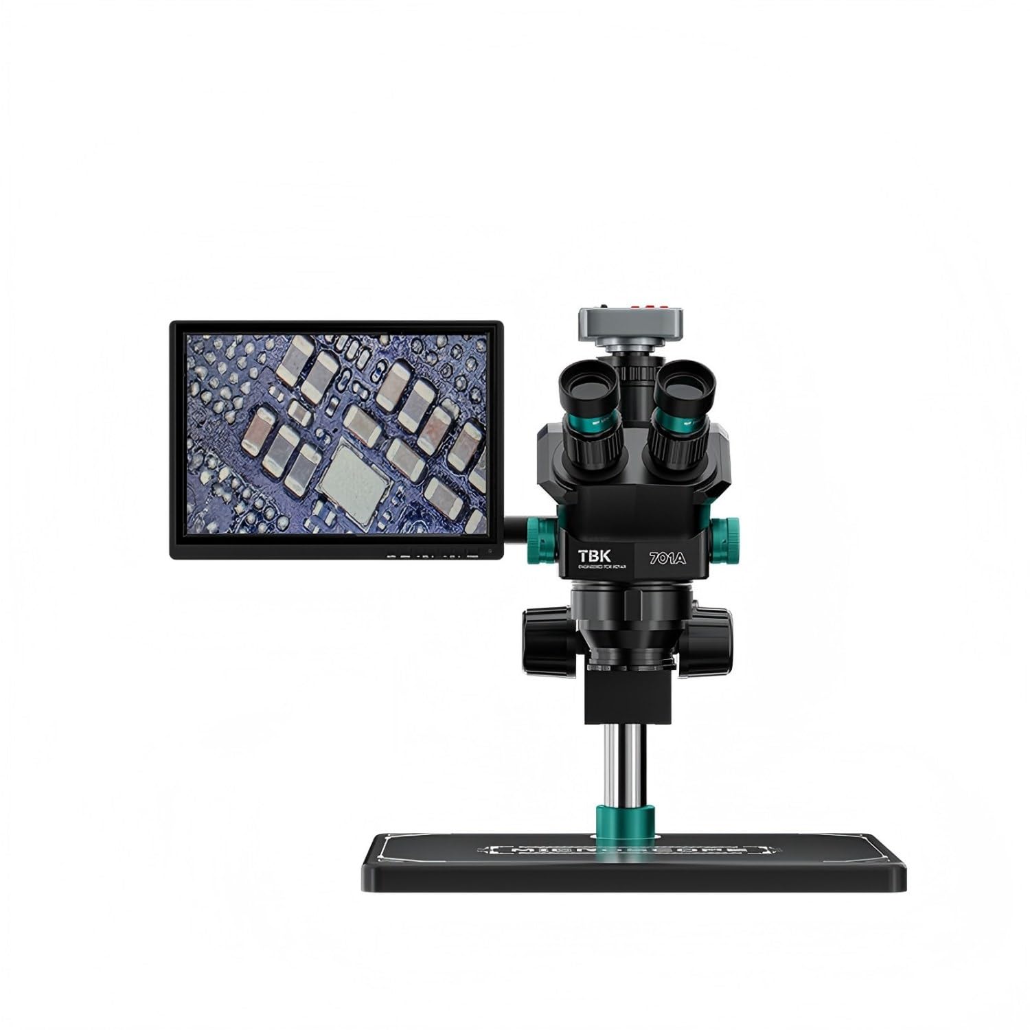 TBK Mikroskop stereofoniczny 7X-60X 701A z kamerą 48 MP i zewnętrznym wyświetlaczem, podwójny mikroskop z zoomem okularowym do lutowania PCB, naprawy telefonu, kontroli elektroniki, regulowany stojak