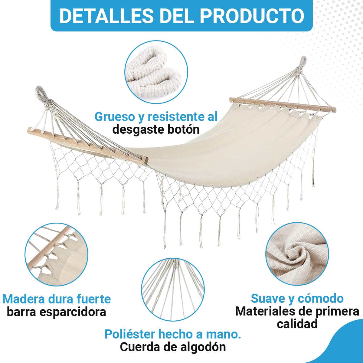 Fleau Goods Luxe Hamaca con Varilla - Elegante Franja - 100% Algodón - Cómodo - Incluye Material para Colgar y Bolsa de Transporte - 100 x 200 cm