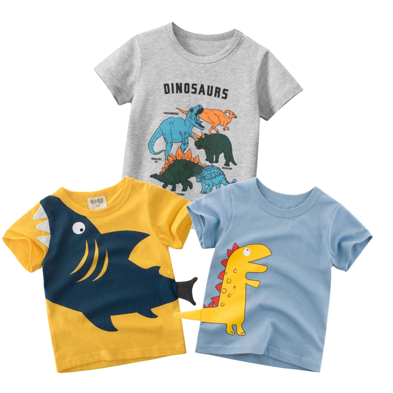 Kumary Boys 3-Pack T-Shirts,Toddler Little Boys Dinosaur Car Short Sleeve Crewneck T Shirts Top Tee Size for 2-6 Years