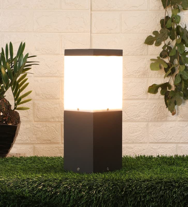 ELIANTE Grey Square Garden Bollard Light Outdoor Pole Lamp for Lawn Pathway Landscape Balcony Gate Waterproof Exterior Lighting | Modern Metal Body | 12 Inch-image-24