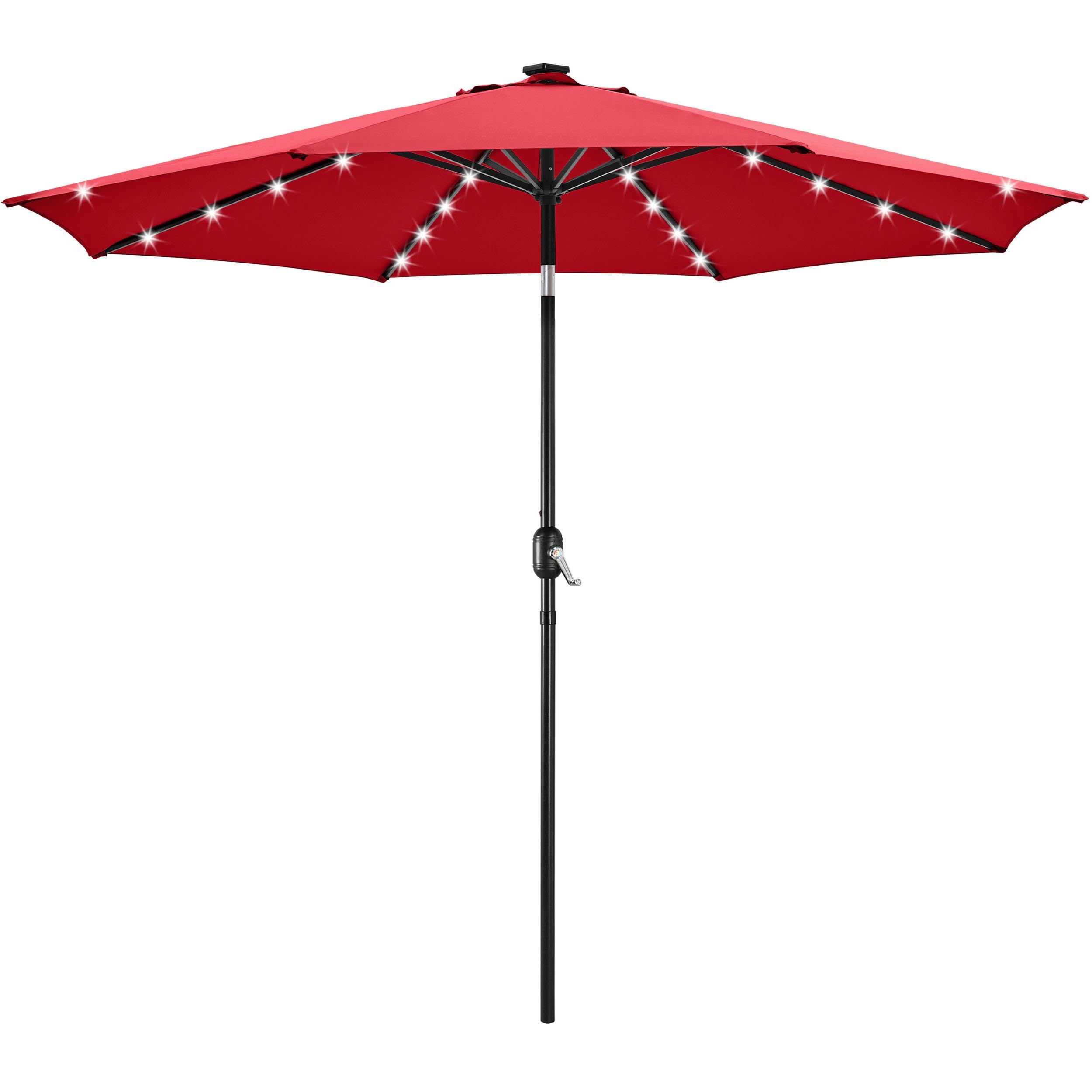 Yaheetech 10FT Solar Powered Patio Umbrella - UV Protection Market Table Umbrella w/ 32 LED Lights & Push Button Tilt & Crank Lift System for Garden/Lawn/Deck/Backyard/Pool,Red